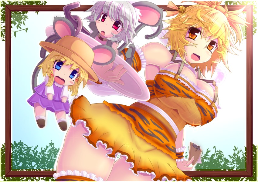 moriya suwako, nazrin, and toramaru shou (touhou) drawn by choujigen_nuko