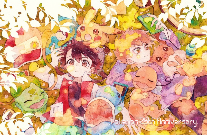 pikachu, red, eevee, blue oak, bulbasaur, and 2 more (pokemon and 1 more) drawn by oharu-chan