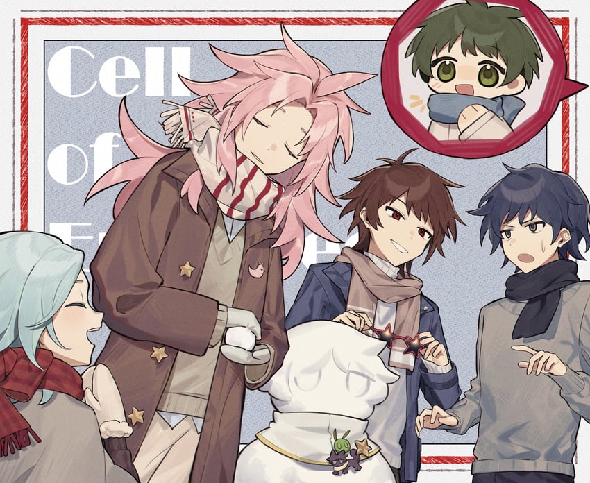 hatsutori hajime, utsugi noriyuki, harada minoru, enomoto noa, and isoi rai (saibou shinkyoku) drawn by fuyuasa