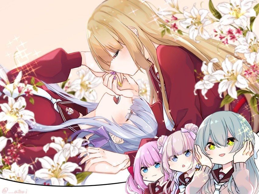 kon kanaho, miyagawa takane, sadamori himeka, toki kureha, and tamba akari (assault lily) drawn by karasuto