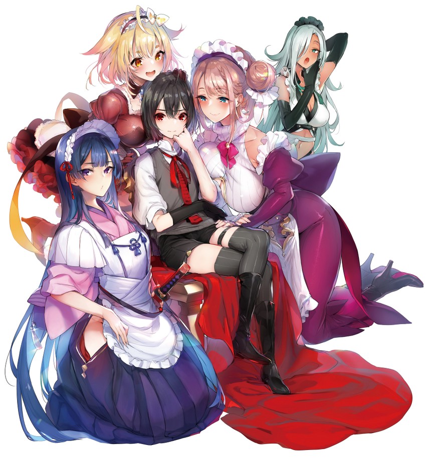 sion, nagi, arciera, iblis, and feina (shindou yuusha to maid oneesan) drawn by pyon-kichi