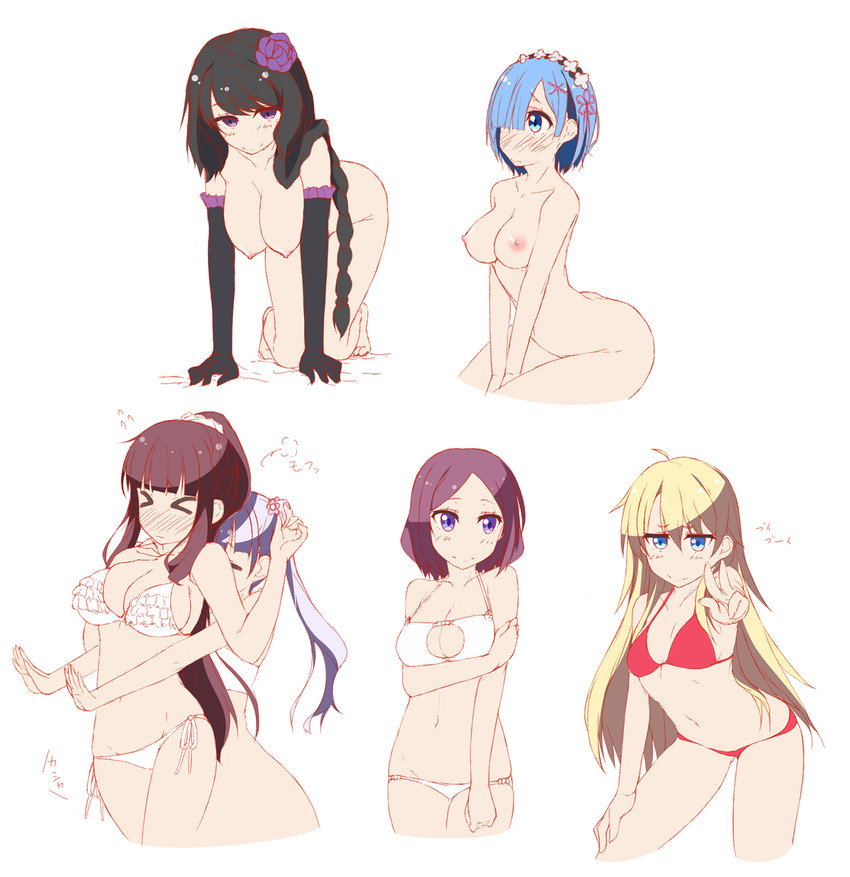 rem, suzukaze aoba, takimoto hifumi, yagami kou, elsa granhilte, and 1 more (re:zero kara hajimeru isekai seikatsu and 1 more) drawn by hinata_masaki