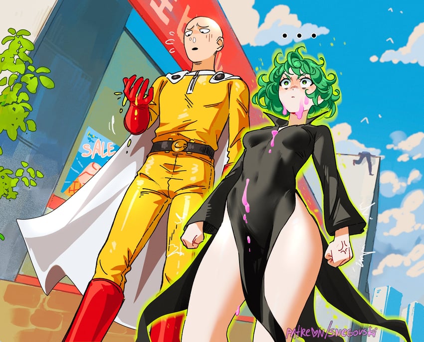 tatsumaki, saitama, and king (one-punch man) drawn by snegovski