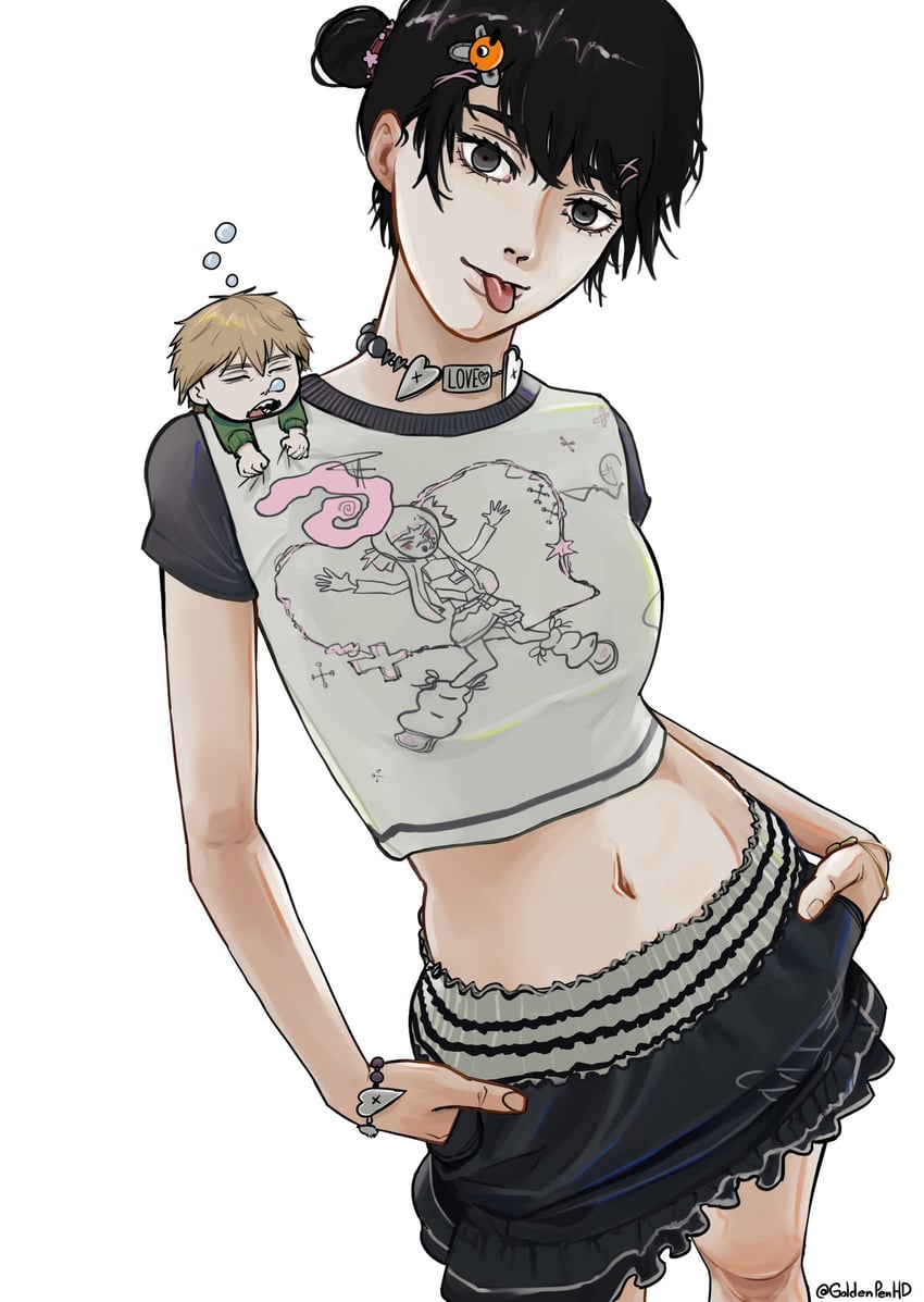 denji, mitaka asa, and pochita (chainsaw man) drawn by goldenpenhd