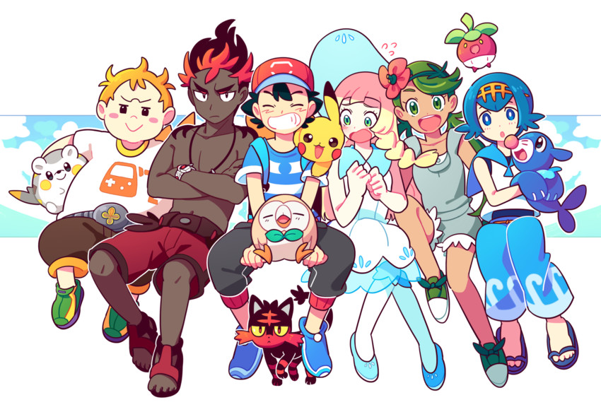 pikachu, lillie, ash ketchum, rowlet, lana, and 7 more (pokemon and 1 more) drawn by chueog