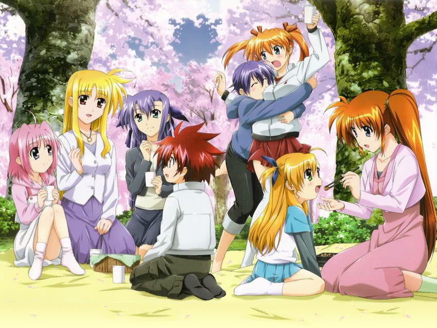 fate testarossa, takamachi nanoha, vivio, subaru nakajima, teana lanster, and 3 more (lyrical nanoha and 1 more) drawn by okuda_yasuhiro