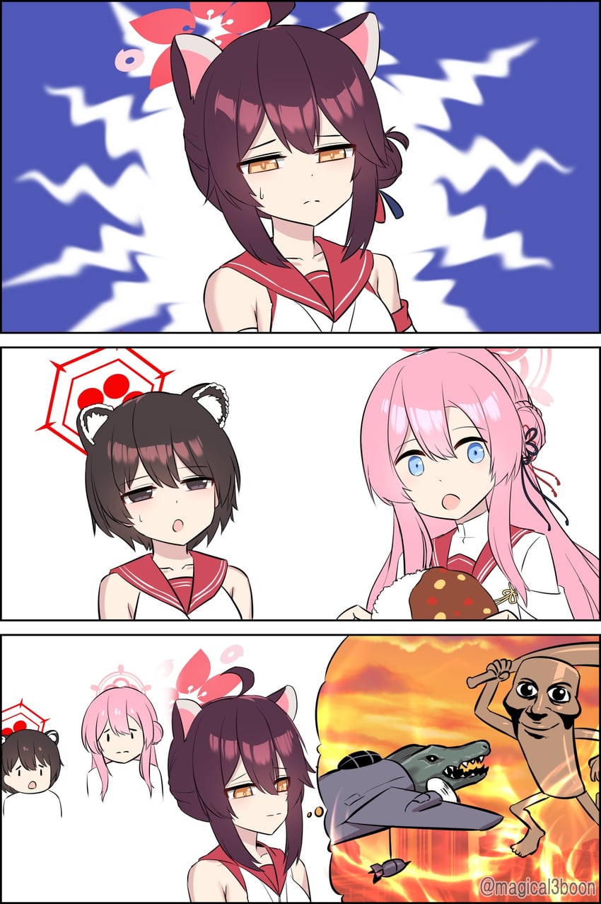 tsubaki, kaede, mimori, tung tung tung sahur, and bombardiro crocodilo (blue archive) drawn by threeboon