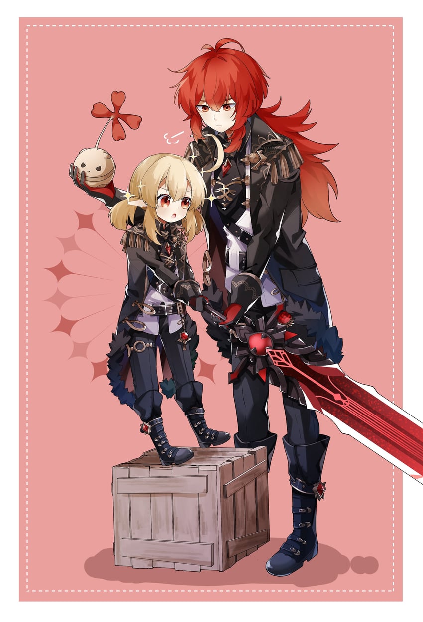 klee, diluc, and dodoco (genshin impact) drawn by usako_(usako1031)