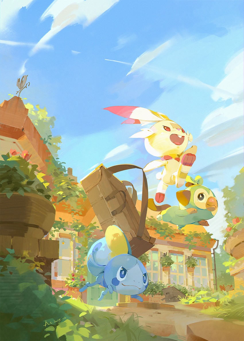 scorbunny, sobble, and grookey (pokemon) drawn by a-shacho