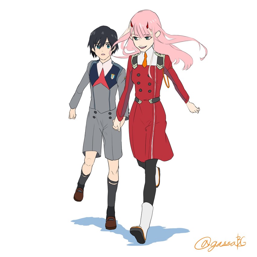 zero two and hiro (darling in the franxx) drawn by gassa_bg