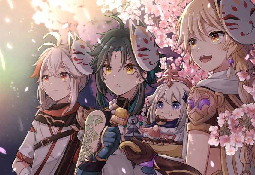 aether, paimon, xiao, and kaedehara kazuha (genshin impact) drawn by su34ma