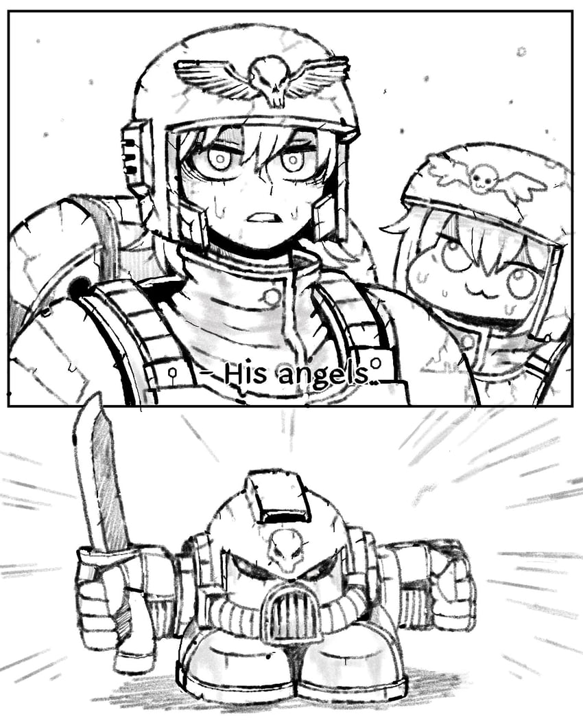 adeptus astartes, astra militarum, and doro (goddess of victory: nikke and 1 more) drawn by octosoup