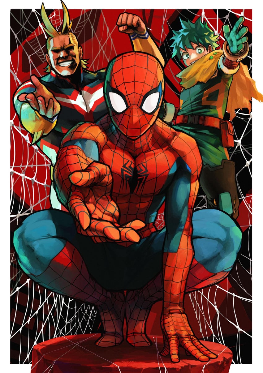 midoriya izuku, spider-man, and all might (boku no hero academia and 2 more) drawn by horikoshi_kouhei