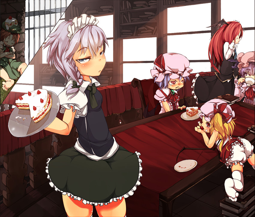 remilia scarlet, flandre scarlet, izayoi sakuya, patchouli knowledge, hong meiling, and 1 more (touhou) drawn by anaguma_(regret_party)
