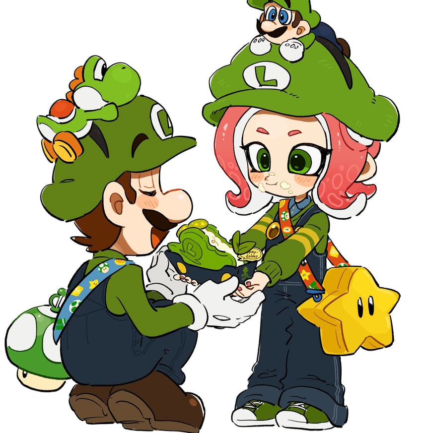 octoling player character, octoling girl, luigi, and yoshi (splatoon and 2 more) drawn by mimimi_(mimimim9999)