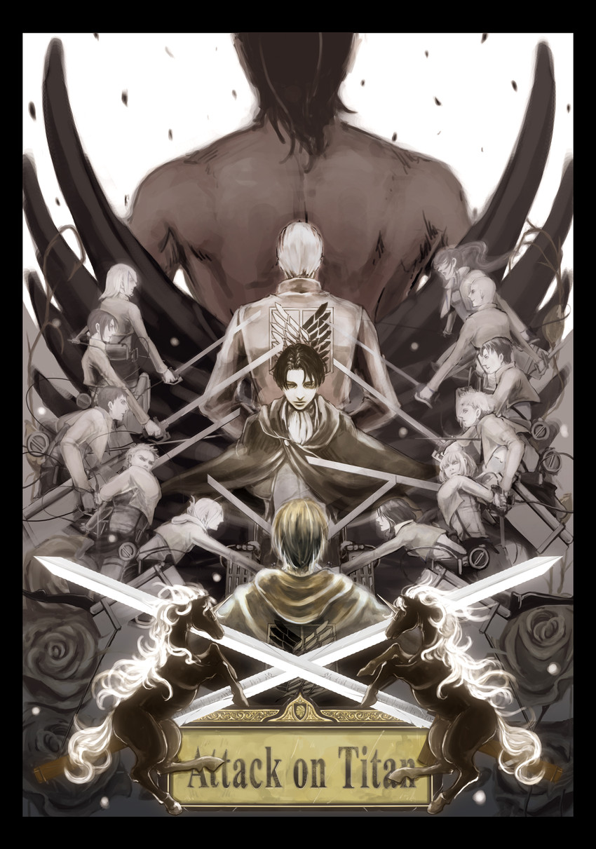 mikasa ackerman, eren yeager, levi, krista lenz, ymir, and 7 more (shingeki no kyojin) drawn by hare_(mnchr_rso)