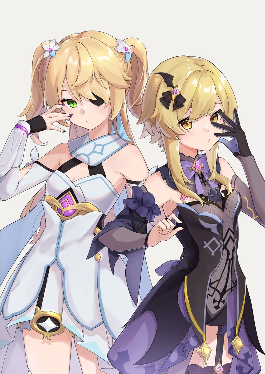 lumine and fischl (genshin impact) drawn by yu_ri_0320