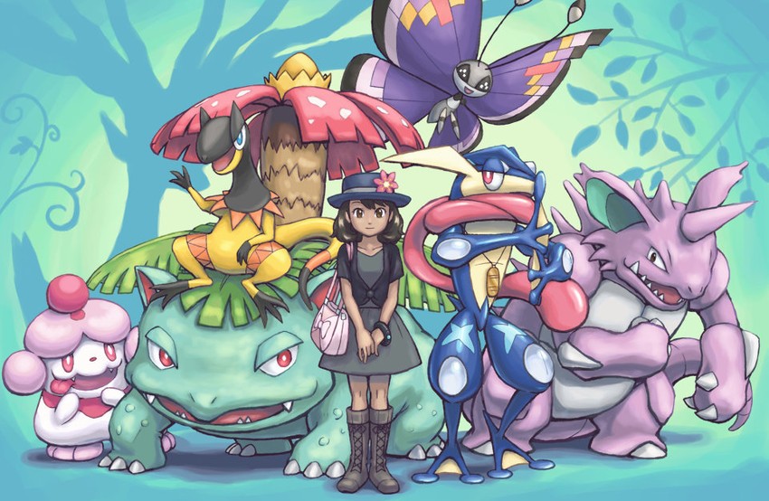 serena, venusaur, greninja, nidoking, vivillon, and 2 more (pokemon and 1 more) drawn by mijinko_(barabadge)