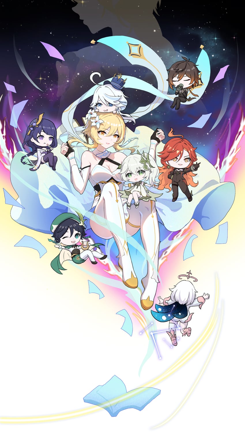 lumine, raiden shogun, furina, nahida, zhongli, and 3 more (genshin impact) drawn by ermu_(enmmm)