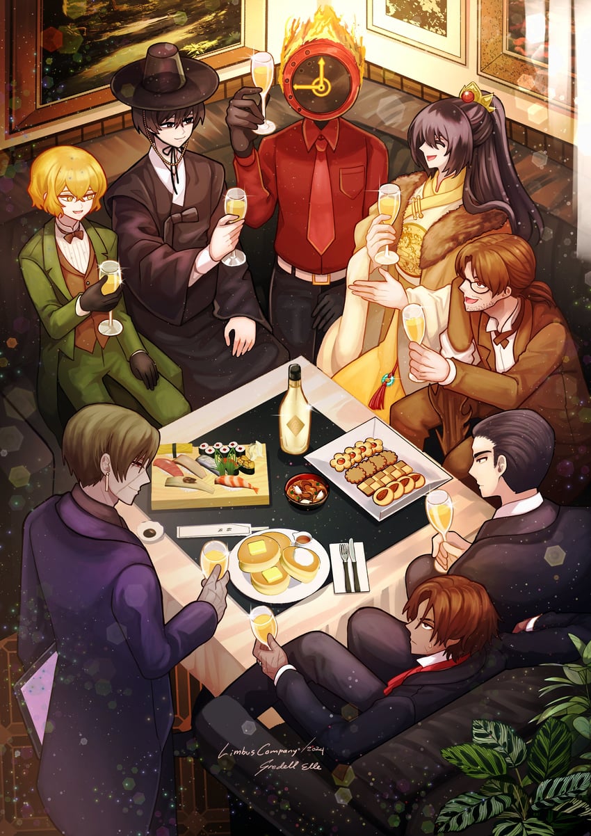 sinclair, yi sang, hong lu, heathcliff, dante, and 3 more (project moon and 1 more) drawn by gredell_elle