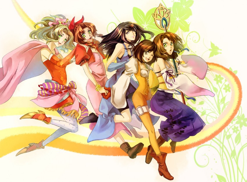 aerith gainsborough, terra branford, garnet til alexandros xvii, yuna, and rinoa heartilly (final fantasy and 5 more) drawn by cat_princess