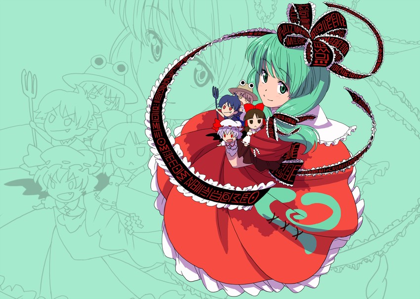 hakurei reimu, remilia scarlet, moriya suwako, houjuu nue, and kagiyama hina (touhou) drawn by ikuya_koimori
