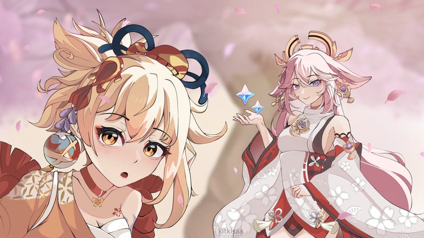 yae miko and yoimiya (genshin impact)
