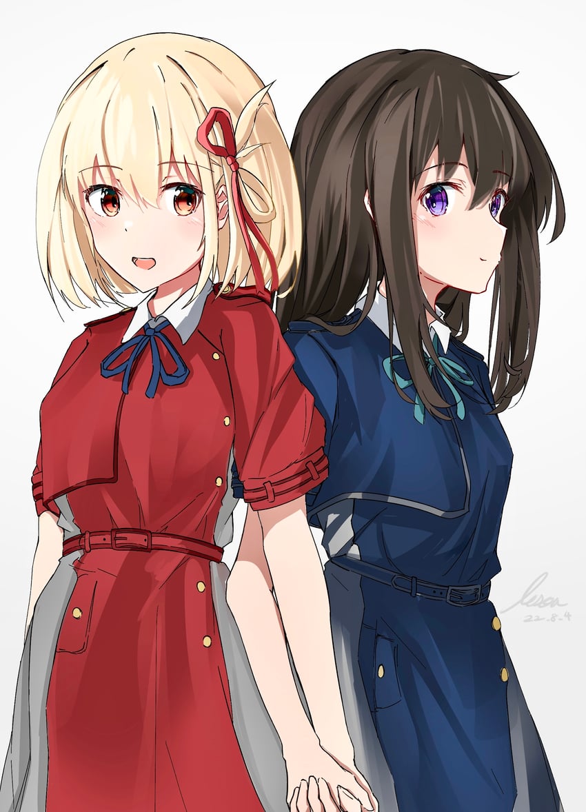 nishikigi chisato and inoue takina (lycoris recoil) drawn by lesoa