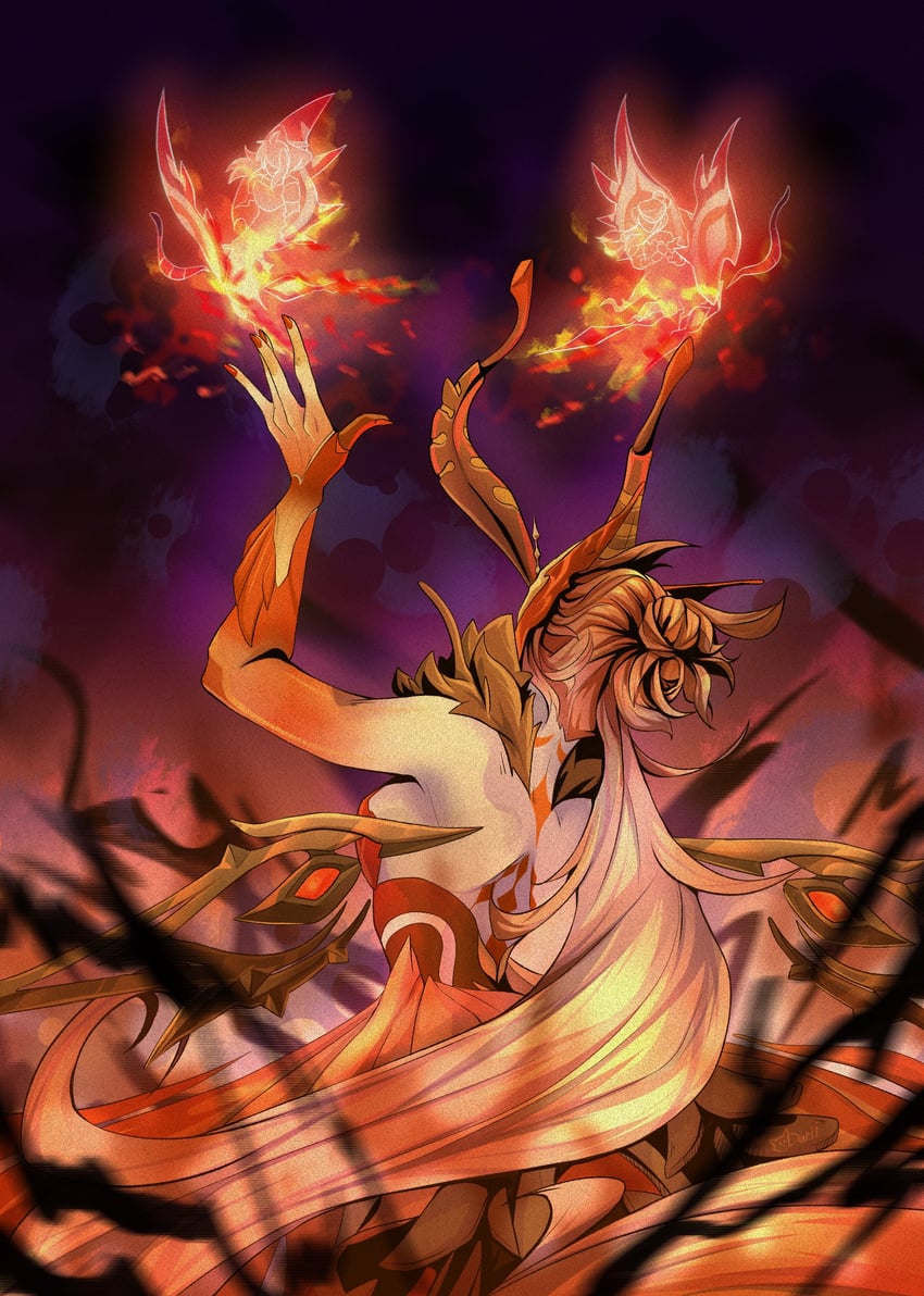 crimson lotus moth and signora (genshin impact) drawn by earldarii