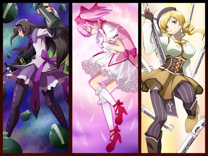 akemi homura, kaname madoka, and tomoe mami (mahou shoujo madoka magica and 1 more) drawn by souki_lankni
