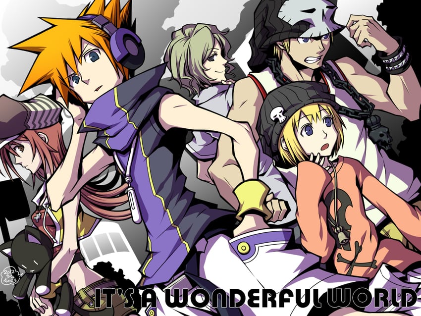sakuraba neku, misaki shiki, nyantan, bito daisukenojo, kiryu yoshiya, and 1 more (subarashiki kono sekai) drawn by cha_kuro_(limo)