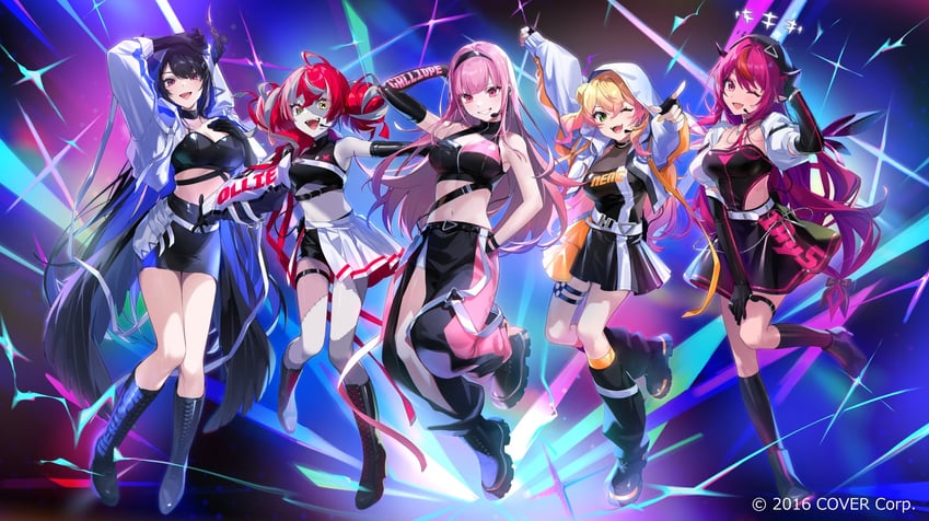 mori calliope, nerissa ravencroft, irys, momosuzu nene, and kureiji ollie (hololive and 2 more) drawn by pisuke_wan