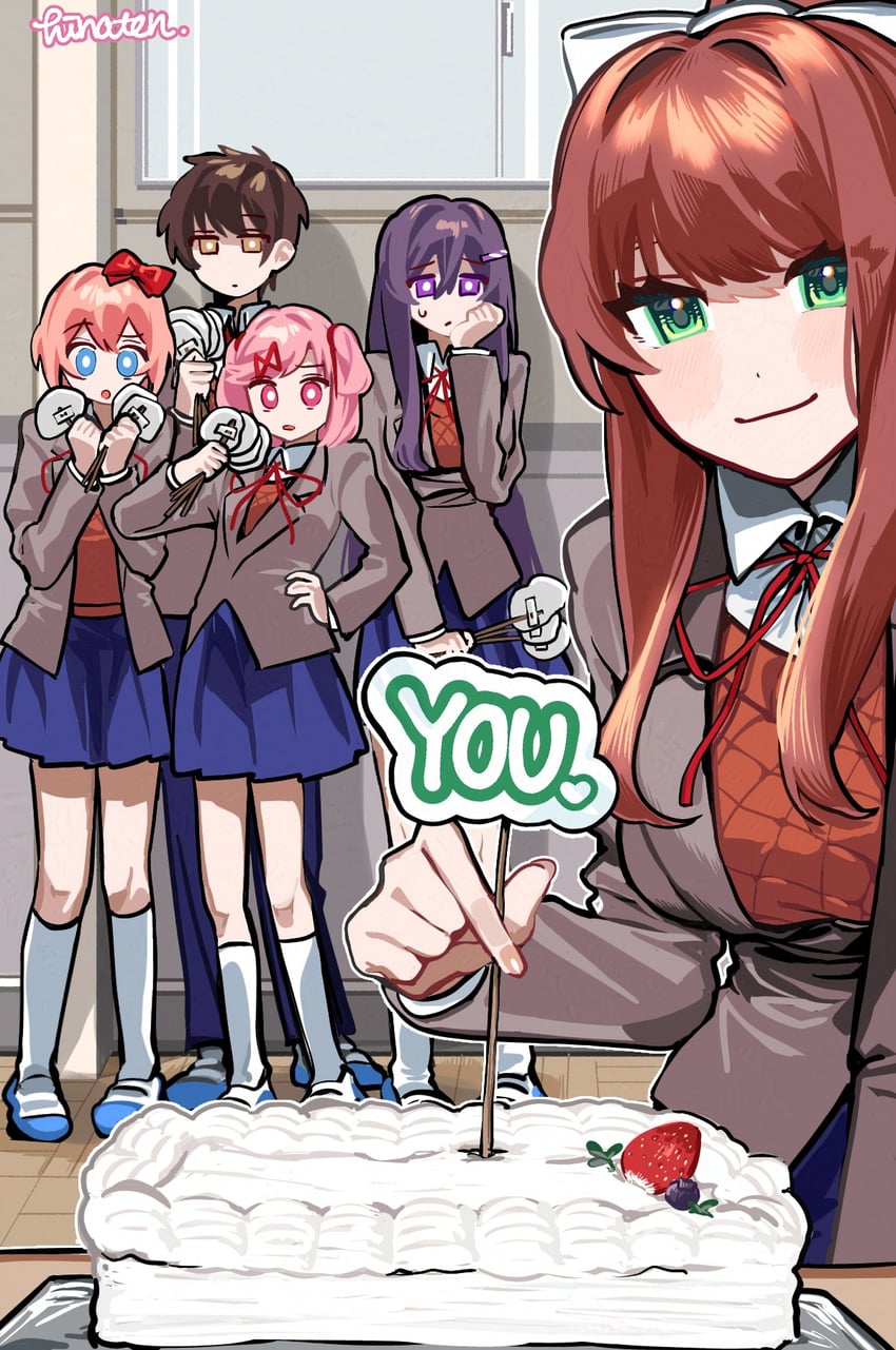 monika, natsuki, yuri, sayori, and protagonist (doki doki literature club) drawn by hinaten