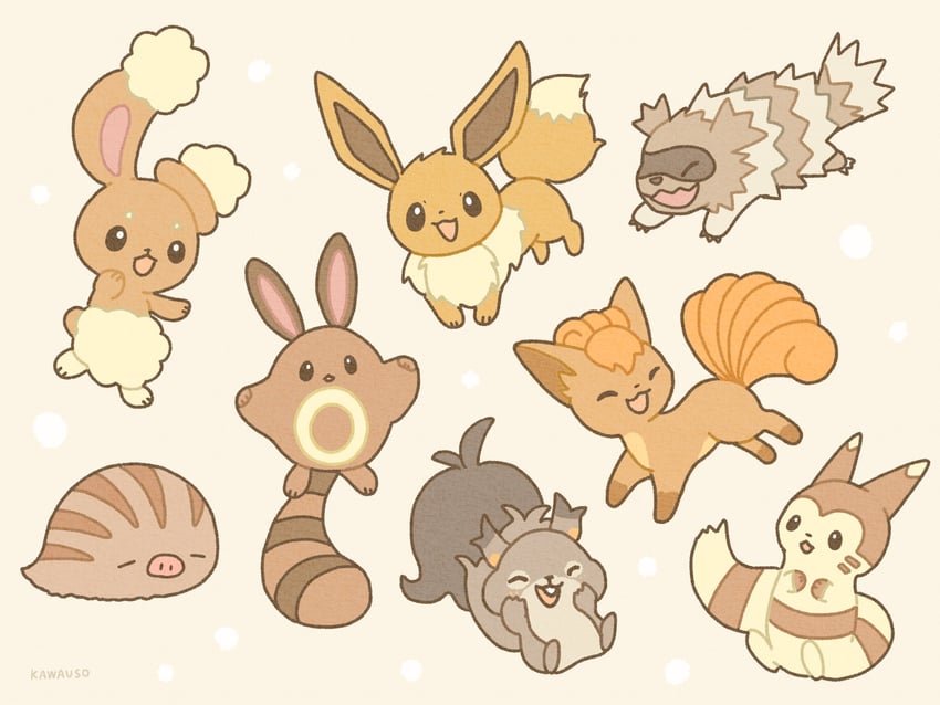 eevee, furret, vulpix, buneary, sentret, and 3 more (pokemon) drawn by kawauso_irasuto