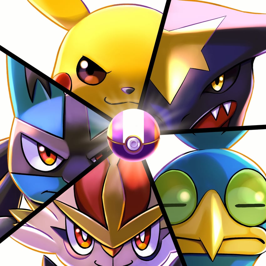 pikachu, lucario, garchomp, cinderace, and cramorant (pokemon and 1 more) drawn by watagashikn