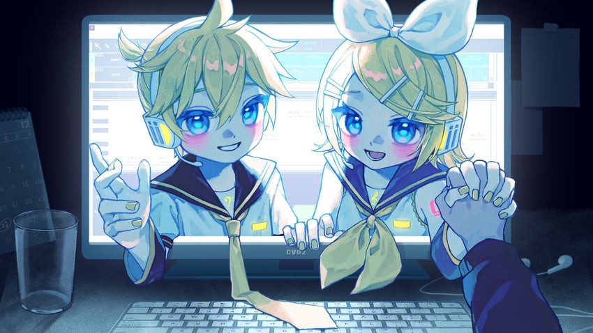 kagamine rin, kagamine len, and master (vocaloid) drawn by eob