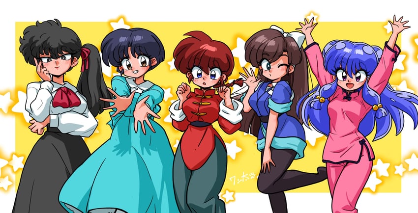 ranma-chan, shampoo, tendou akane, kuonji ukyou, and kunou kodachi (ranma 1/2) drawn by wanta_(futoshi)