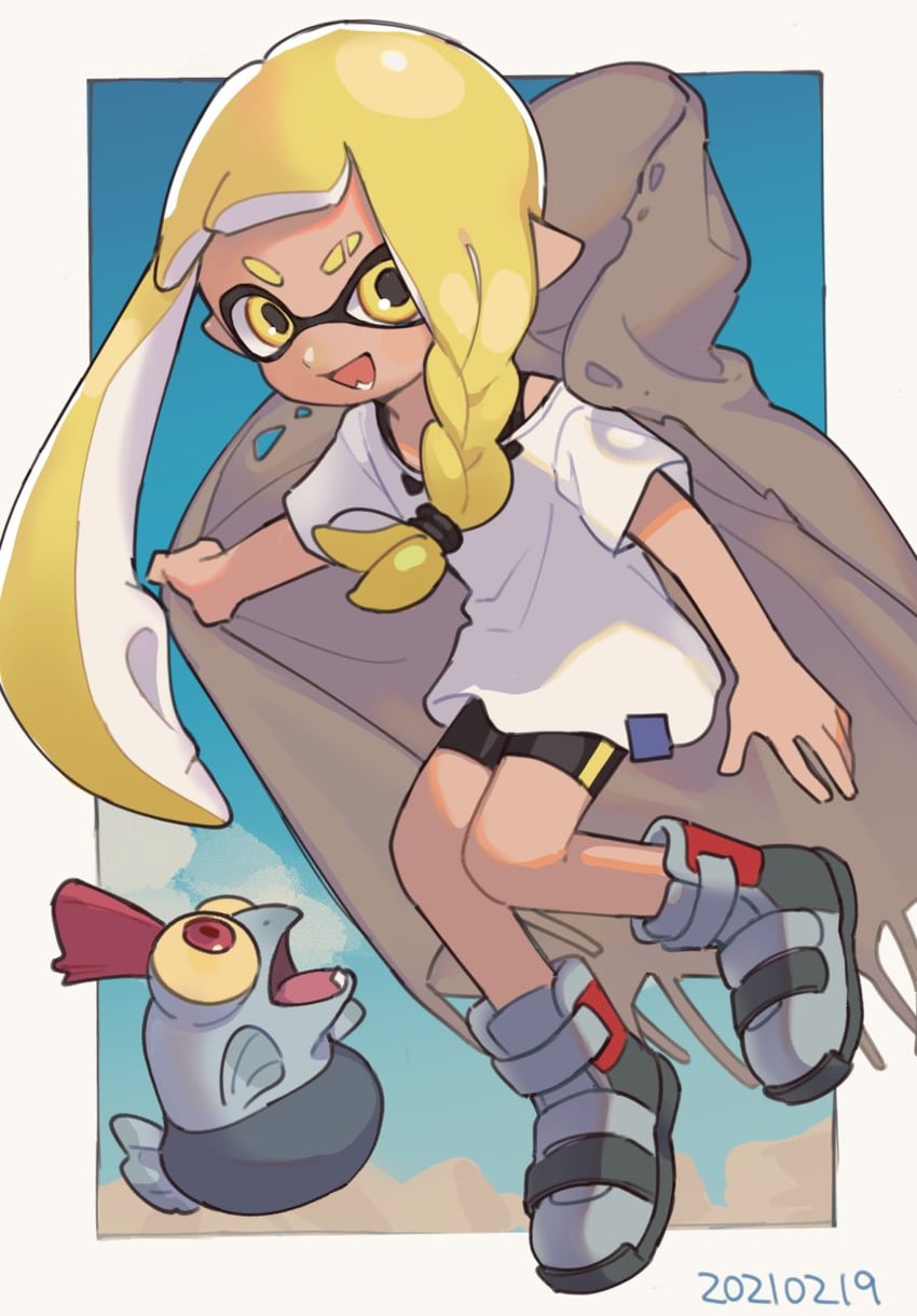 smallfry and agent 3 (splatoon and 1 more) drawn by gomi_(kaiwaresan44)