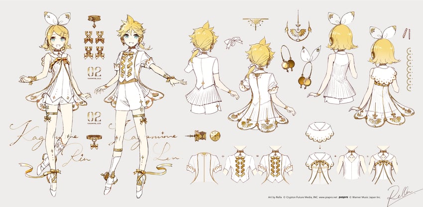 kagamine rin, kagamine len, gramophone rin, and gramophone len (vocaloid and 1 more) drawn by rella