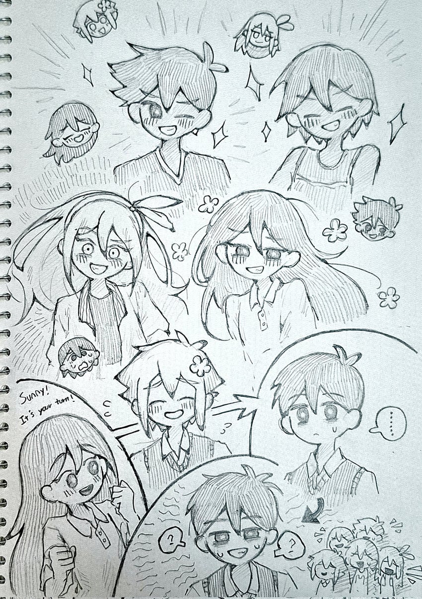 sunny, basil, aubrey, kel, mari, and 1 more (omori) drawn by thatbirdcanfly