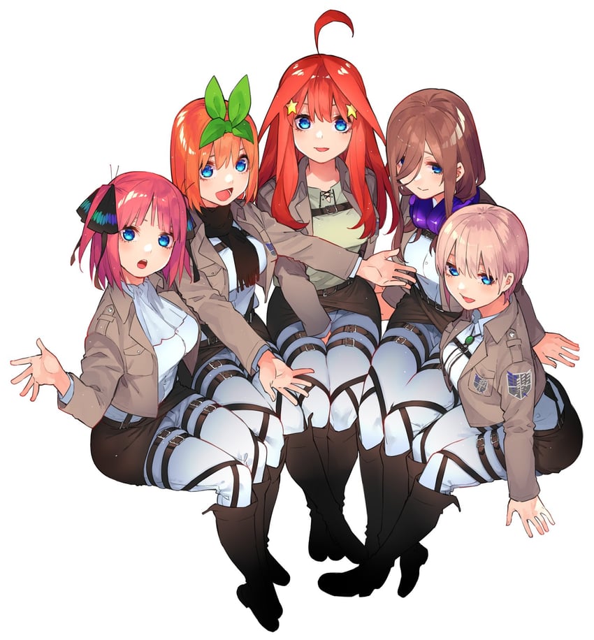 nakano nino, nakano miku, nakano yotsuba, nakano itsuki, and nakano ichika (shingeki no kyojin and 1 more) drawn by haruba_negi