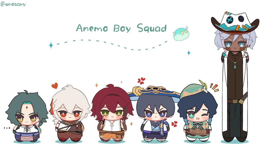 scaramouche, wanderer, venti, xiao, kaedehara kazuha, and 4 more (genshin impact) drawn by unosavy