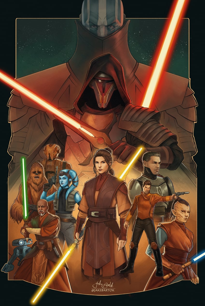 bastila shan, darth revan, darth malak, mission vao, zaalbar, and 6 more (star wars and 1 more) drawn by jr_bartok