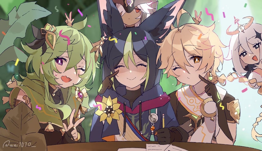aether, paimon, tighnari, cyno, and collei (genshin impact) drawn by wai1010