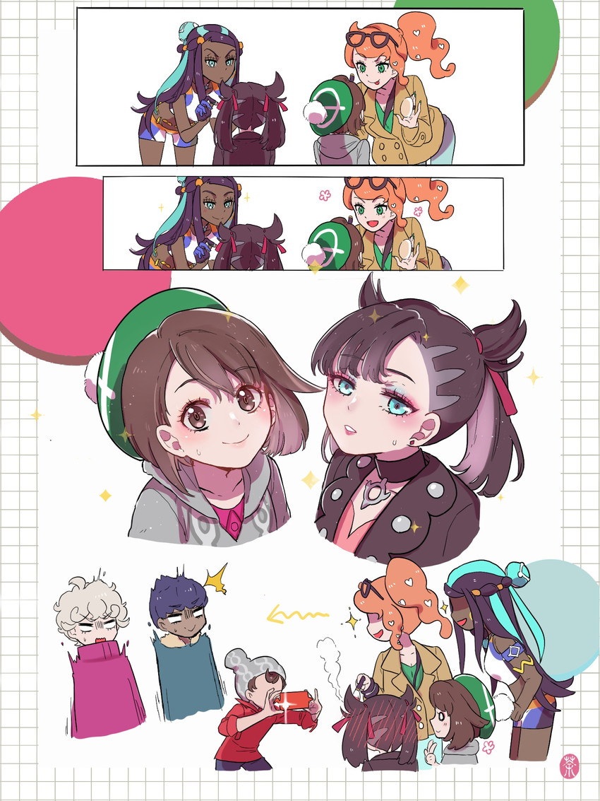 marnie, gloria, nessa, sonia, hop, and 2 more (pokemon and 1 more) drawn by nai_gai_hongcha