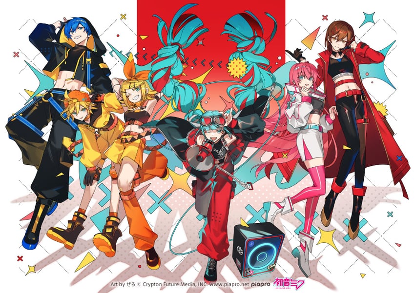 hatsune miku, kagamine rin, kagamine len, megurine luka, kaito, and 7 more (vocaloid and 1 more) drawn by zero_(jckz2334)
