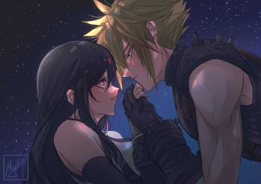 tifa lockhart and cloud strife (final fantasy and 2 more) drawn by miyukiko