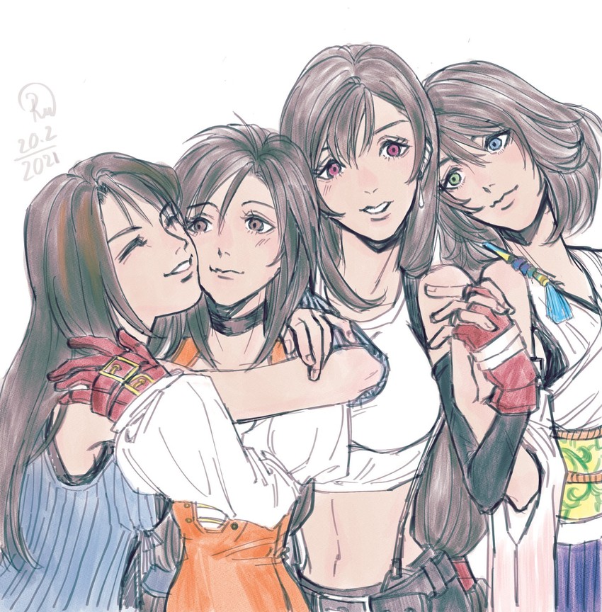 tifa lockhart, garnet til alexandros xvii, yuna, and rinoa heartilly (final fantasy and 6 more) drawn by slackertherubycat