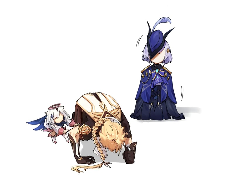 aether, paimon, qiqi, and clorinde (genshin impact) drawn by yuka_(pixiv38407039)