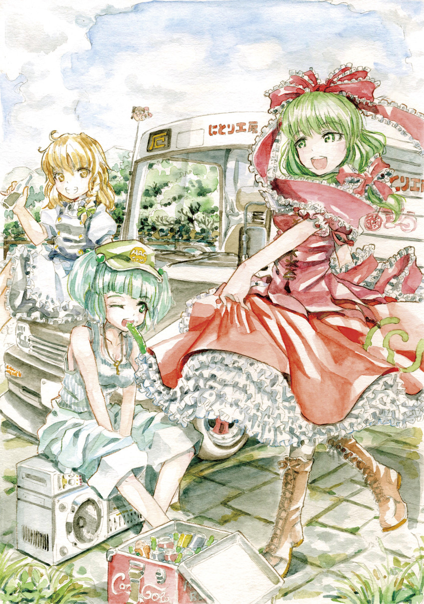 hakurei reimu, kirisame marisa, kawashiro nitori, and kagiyama hina (touhou) drawn by master_(4th)